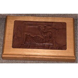 Vintage Embossed Leather of Deer Lid Top Wooden Jewelry Box (Made in Taiwan)